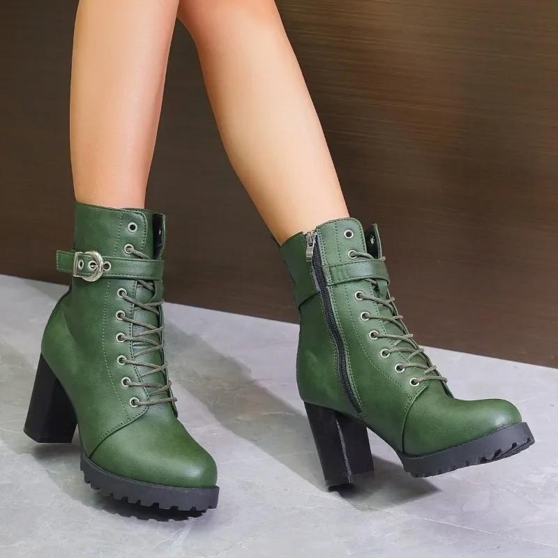 Women'S Ankle Boots Green Large Size Winter  New Horse Biker Chunky Rubber Bottom High Heel Platform Casual Basic Rain Shoes
