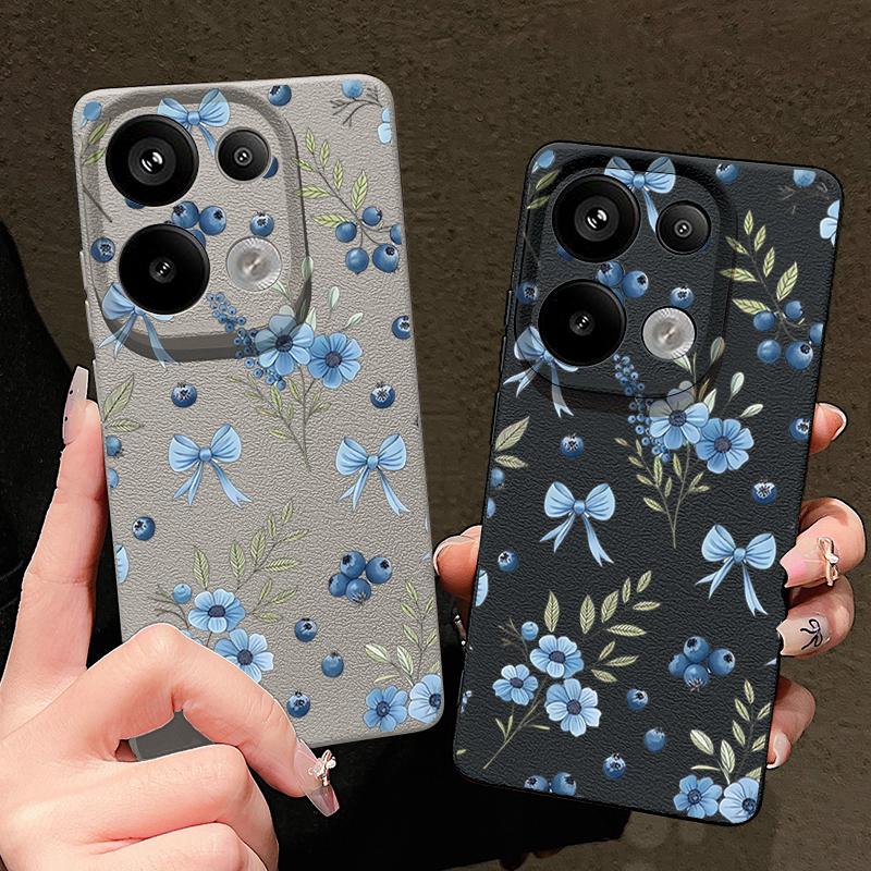 Blaubeere Schleifen Blumenmuster Hülle Für Xiaomi 14T 13T 11T Pro Funda Redmi Note 14 13 12 11 Pro 5G 4G Lederstruktur Silikonhülle