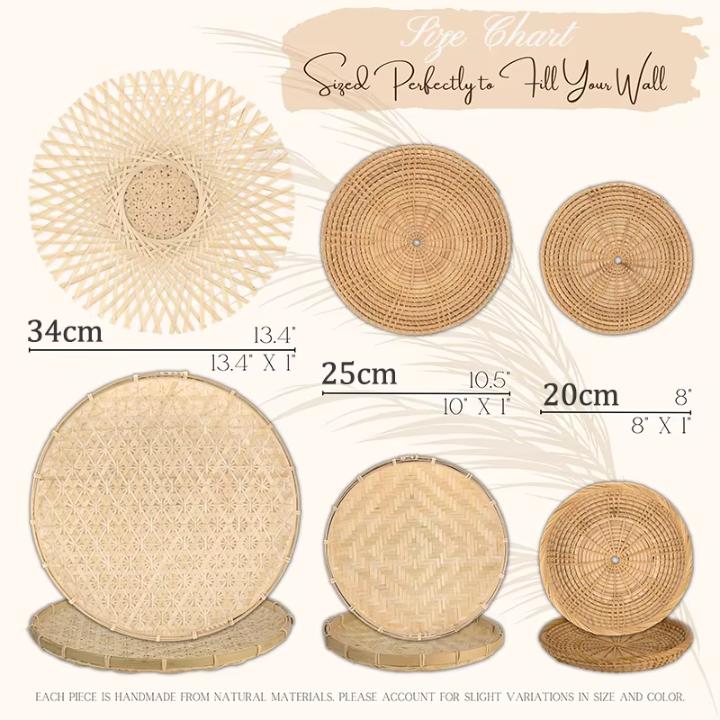 

Набор из 6 настенных корзин из ротанга, плетеных из ротанга, подвесной настенный декор, украшение для дома в стиле бохо, соломенная плетеная тарелка, декор для спальни в деревенском стиле