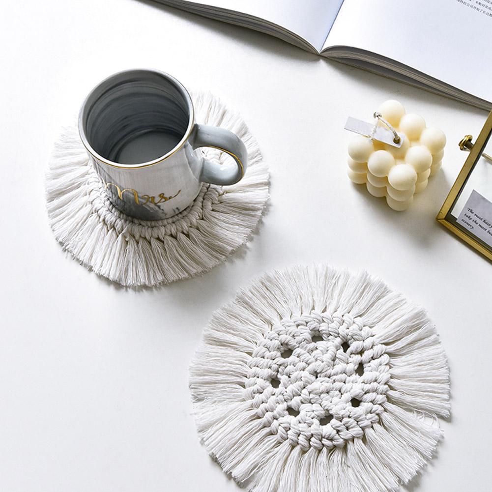 Nordic Style Hand Knitting Cup Coaster With Tassel Heat Insulated Pad Placemat Kitchen UtensilWhite