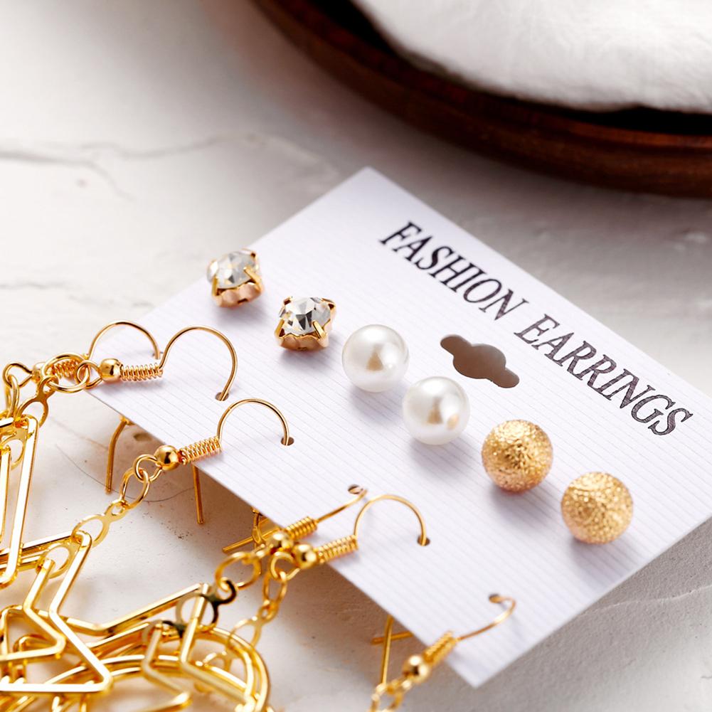 6pairs/set Women Fashion Pearl Five-pointed Star Large Circle Earrings Set