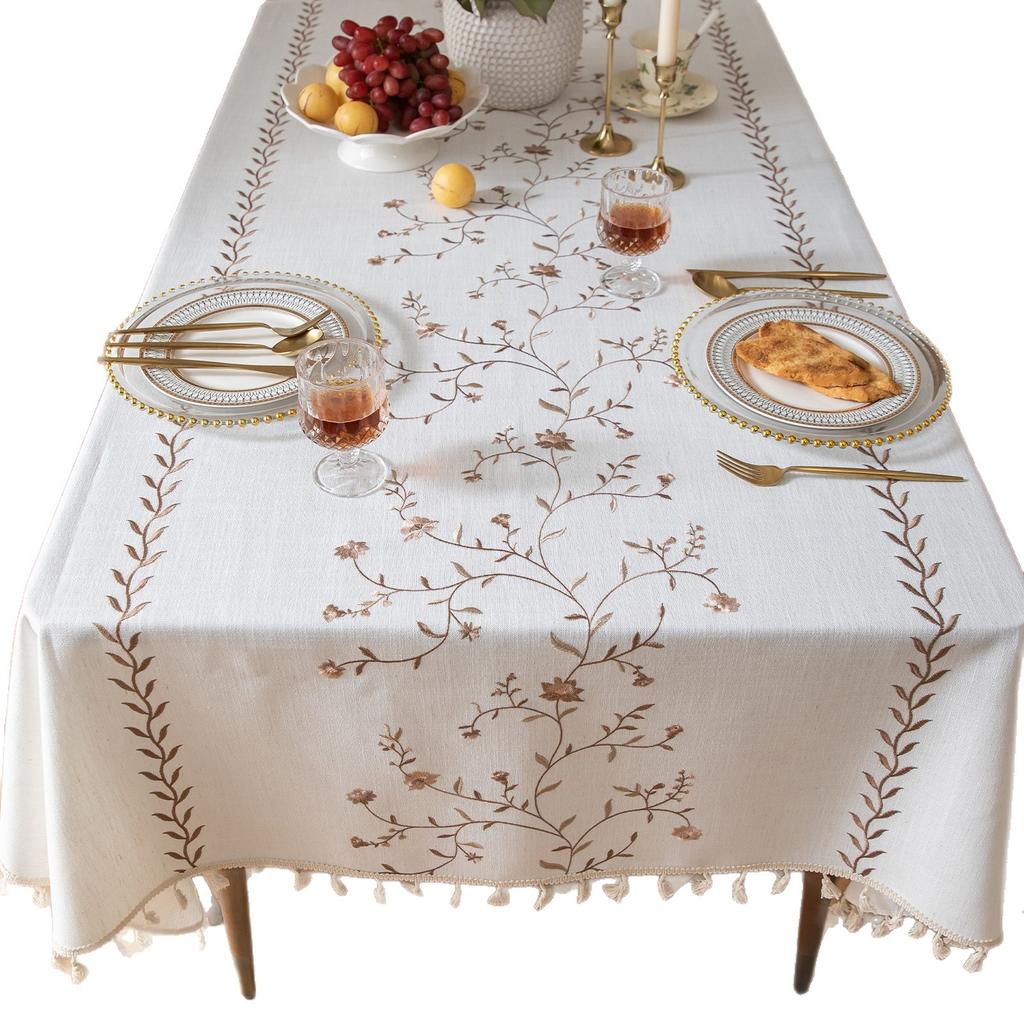 Amazon Nordic Embroidered Table Cloth Plant Flower American Decorative Rectangular Table Dust Tablecloth