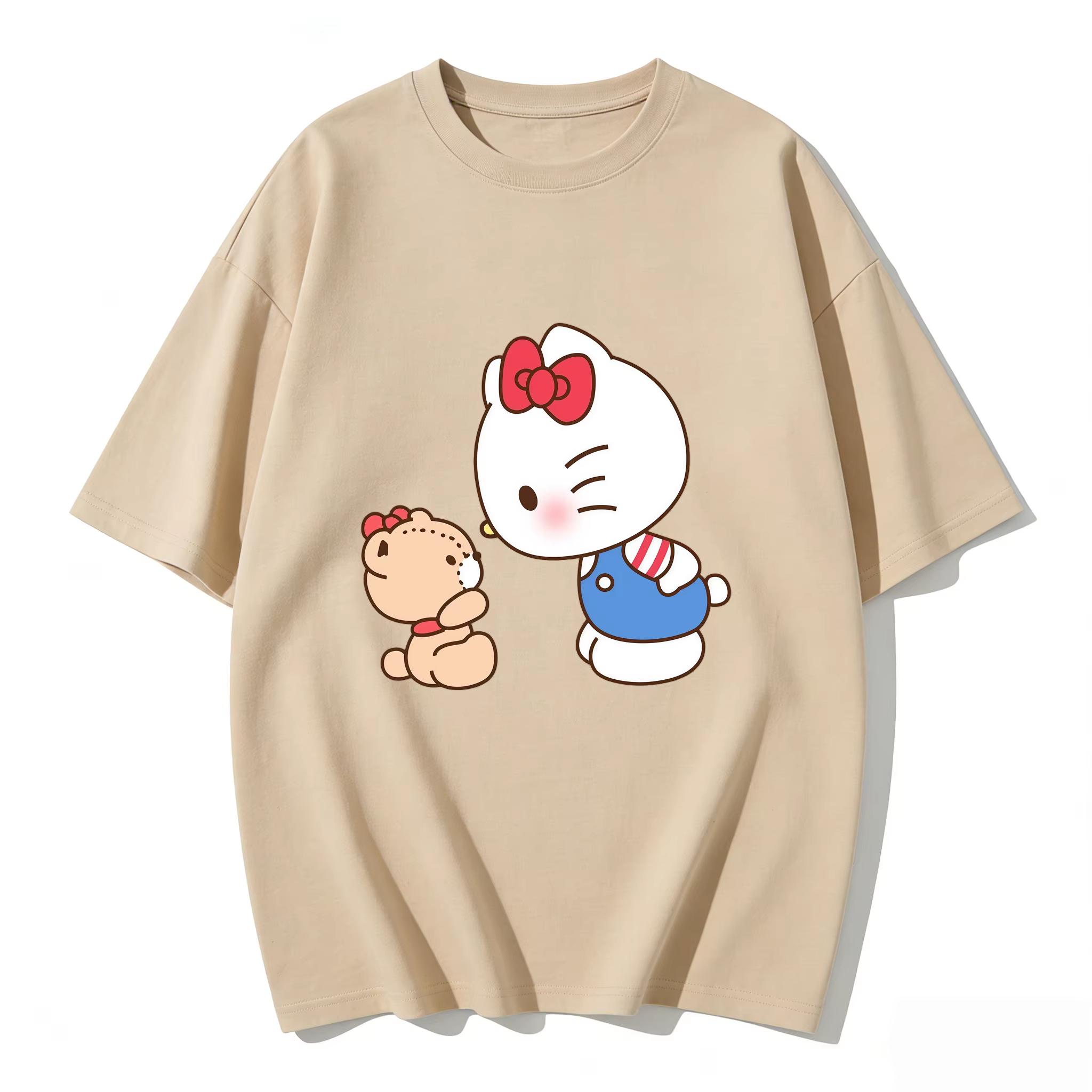 

2026 New Cute Kitty Cat Printed Teddy Bear Couple TShirt for Women Comfortable Cotton TShirt for Home Use MustHave Item S