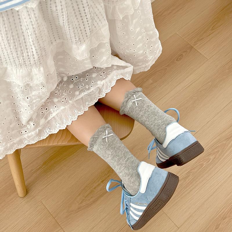 Bow Lace Socks Simple Mid-Tube Girl Sweet And Versatile Breathable Black White Gray Basic Daily Life