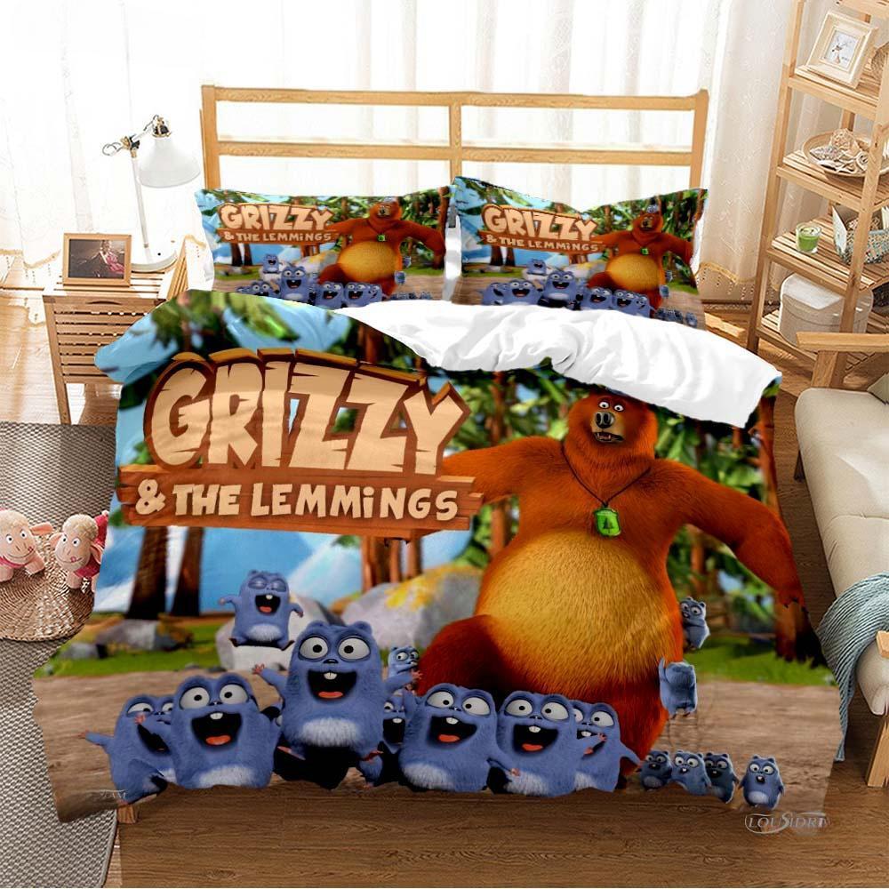 Grizzly & The Lemmings Cartoon Anime Husă de plapumă Set de lenjerie de pat cuvertură moale Husă de pilota și fețe de pernă Single/dublu/Queen/King