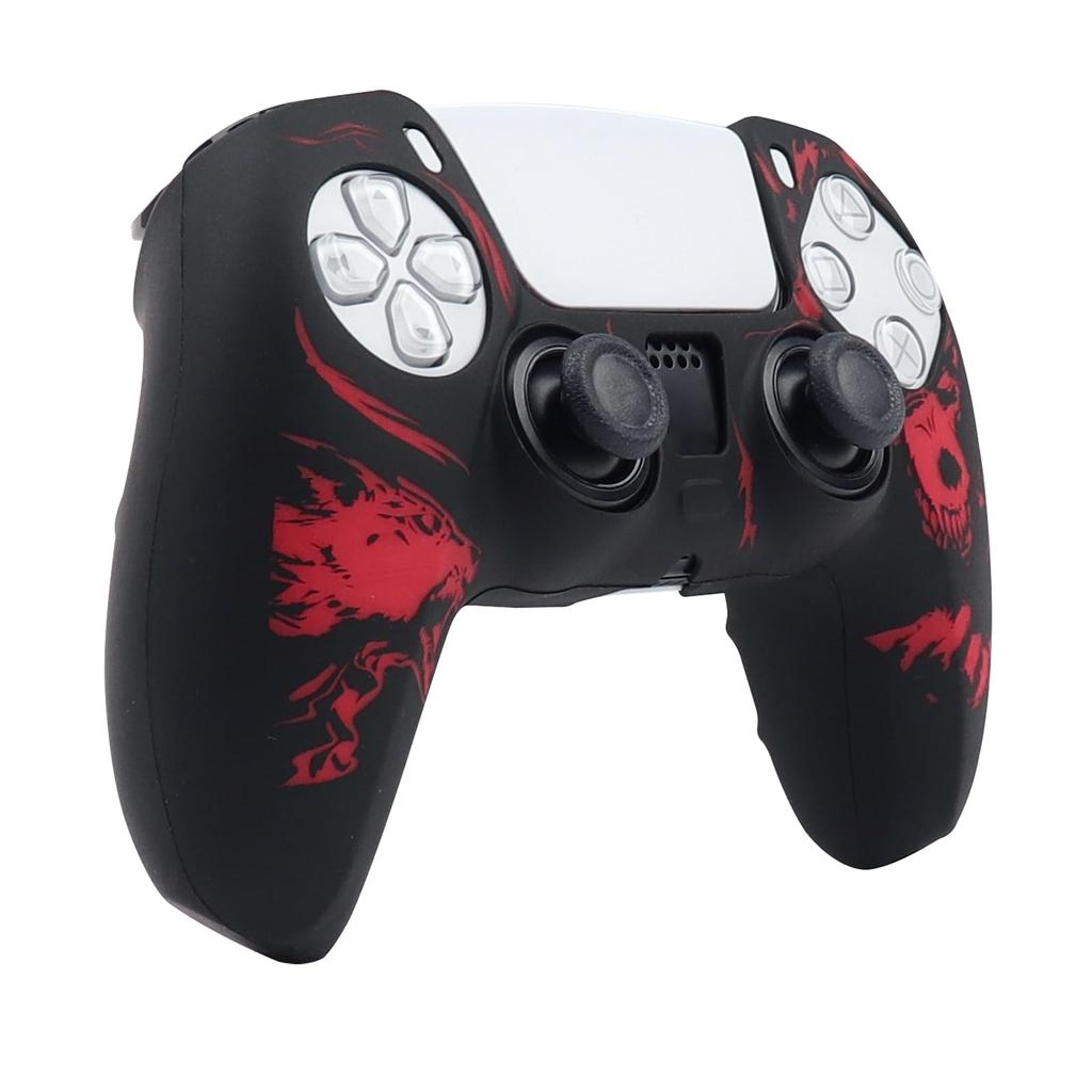 RALAN PS5 Controller DualSense Compatible with Silicone Joystick Caps, Non-Slip, Black, Perfect Fit, Ergonomic Design (Black and Red Wolf)