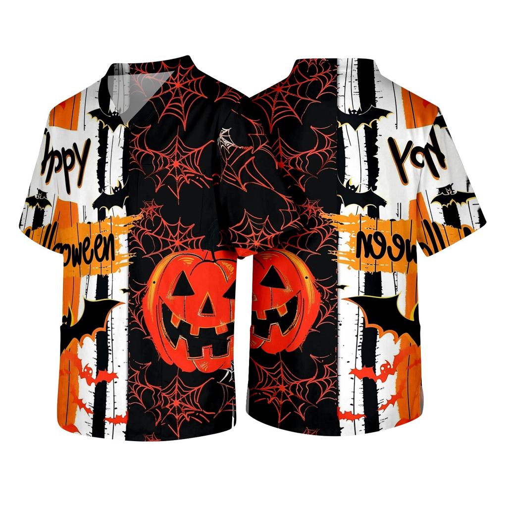 Men's Halloween Print V Neck Medical Scrub Top with Chest Pocket Short Sleeve Lightweight Comfortable Work Shirt for Healthcare Professionals