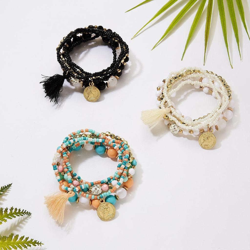 6Pcs/Set Bohemian Beaded Bracelet For Women Vintage Multi-layer Beauty Head Coin Pendant Tassel Bracelets Vacation Charm Jewelry