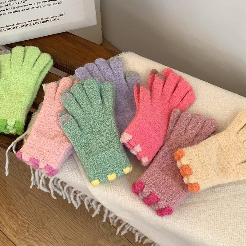 Warm Gloves Women's Candy-colored Small Jelly Beans, Coral Fleece Knitted Cute Wool, Cold-proof and Thickened, Available In Autumn and Winter
