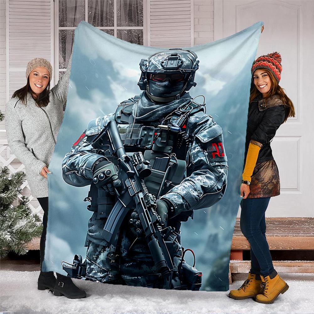 1pc Soldier Print Outdoor Blanket - Soft Flannel Cozy for Travel & Camping - All-Season Warm Bed Cover, Machine Washable yy251229094