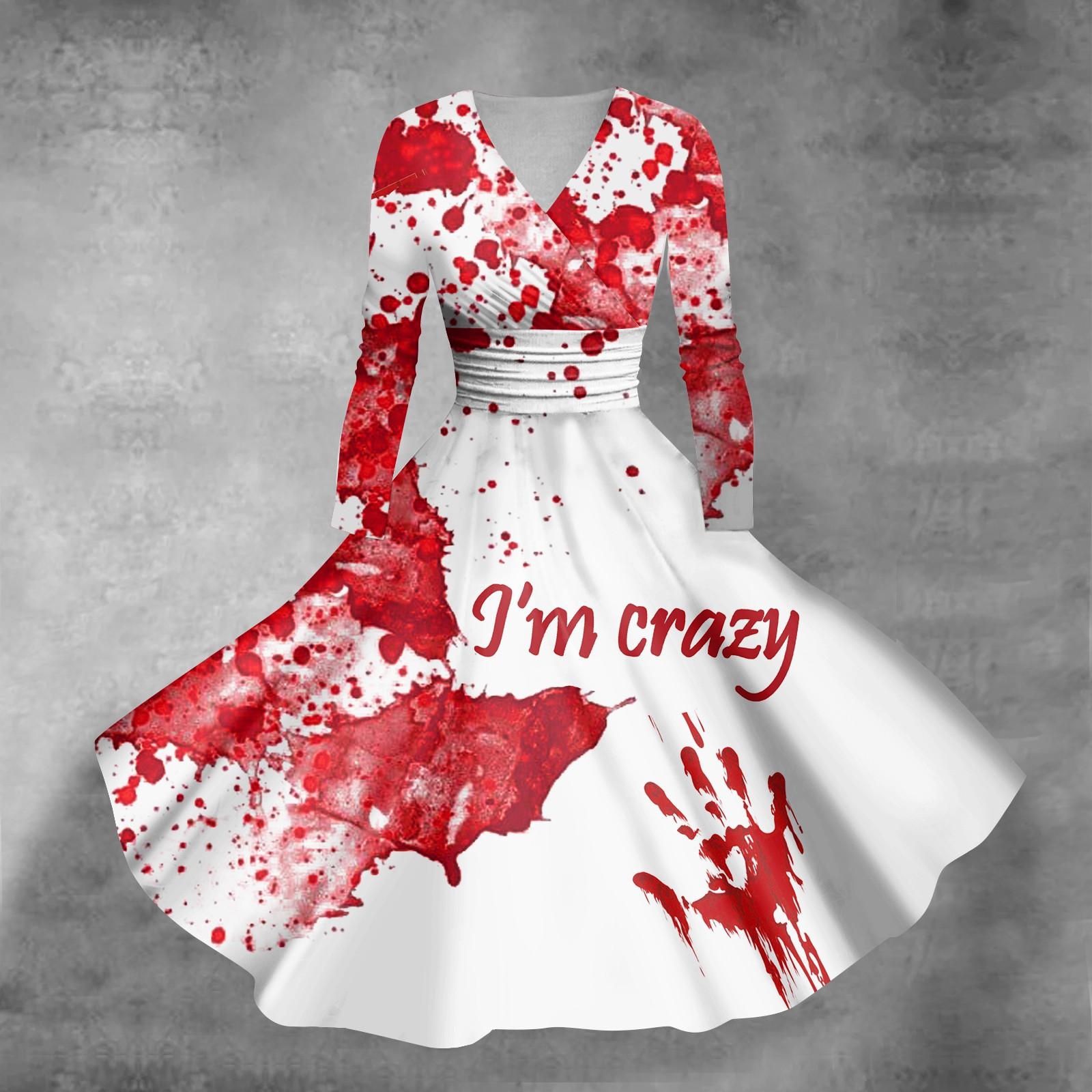 

Женское повседневное и модное сексуальное платье с v-образным вырезом и длинными рукавами с принтом на Хэллоуин M белый