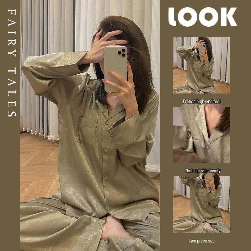 Lace Long Sleeve Black Cardigan Pajamas for Women – Sweet and Loose Spring/Autumn Homewear with Long Pants