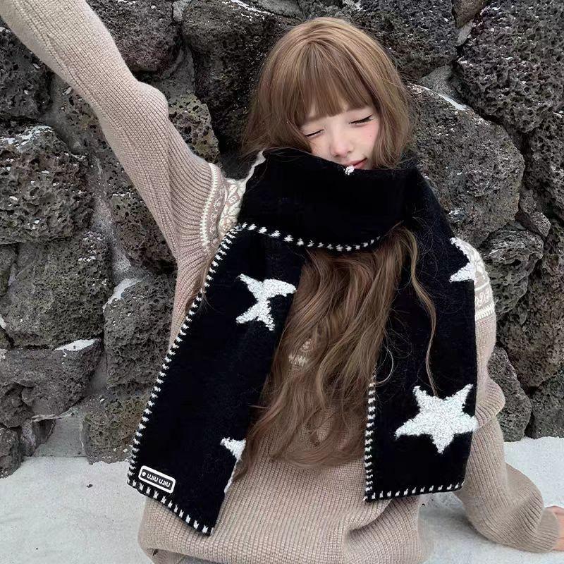 Korean Style Star Knit Wool Blend Scarf Women Winter Warm Cozy Academic Chic Accessory