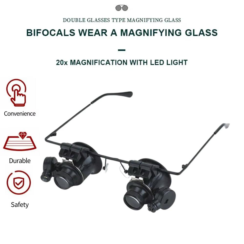 20X  Magnifier Glasses Double Headed LED Light Jewelry Appraisal Antique  High-power Head-mount Magnifying Glass