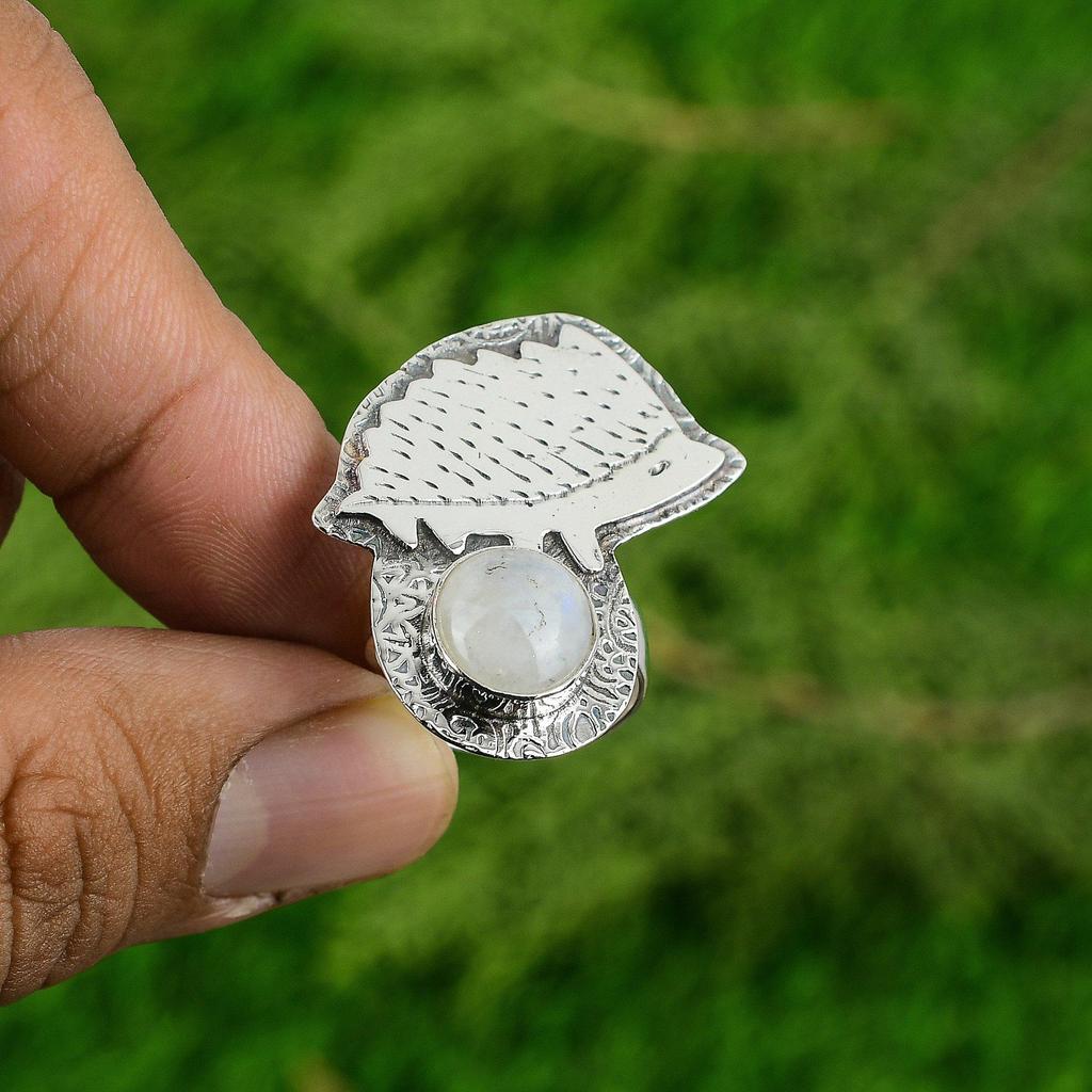 Rainbow Moonstone Stone 925 Sterling Silver Artisan Statement Crown Chakra Ring