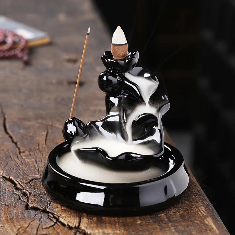 

1 шт., держатель для благовоний, курильница с обратным потоком, керамический фонтан с дымом в виде лотоса, благовония, домашний декор для стола в стиле дзен