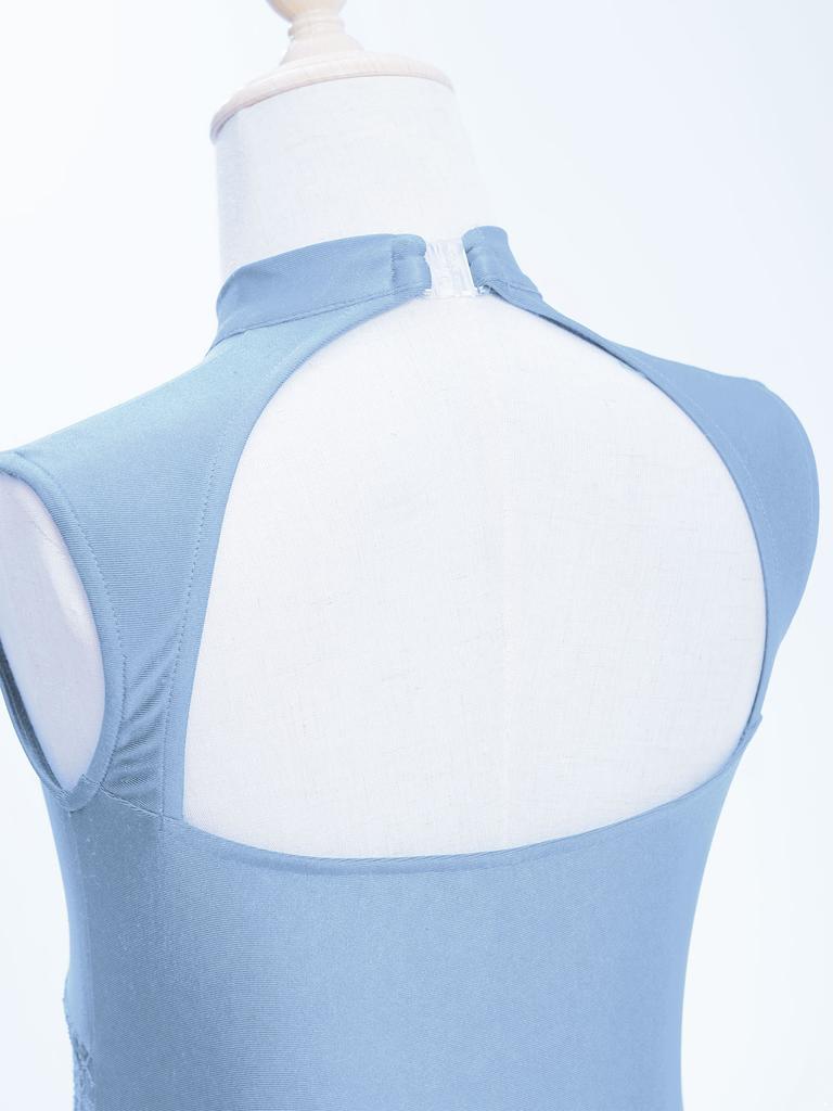 Kinder Mädchen Lyrisches Tanzkleid mit floralem Spitzen-Patchwork: Elegantes Stehkragen- und Cut-out-Rückendesign für Bühnenauftritte