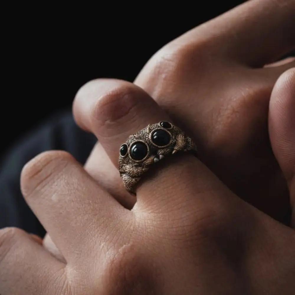 Schwarzer Achat Springspinne Ring Personalisierter Galvanisierter Kupfer Tier Offene Ringe Verstellbare Öffnung Mode Statement Ring