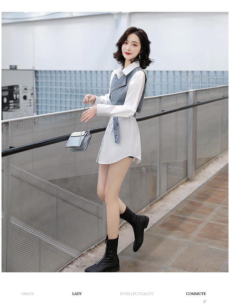 Elegant 2025 Spring/Summer Two-Piece Set: Solid Shirt + Denim Vest