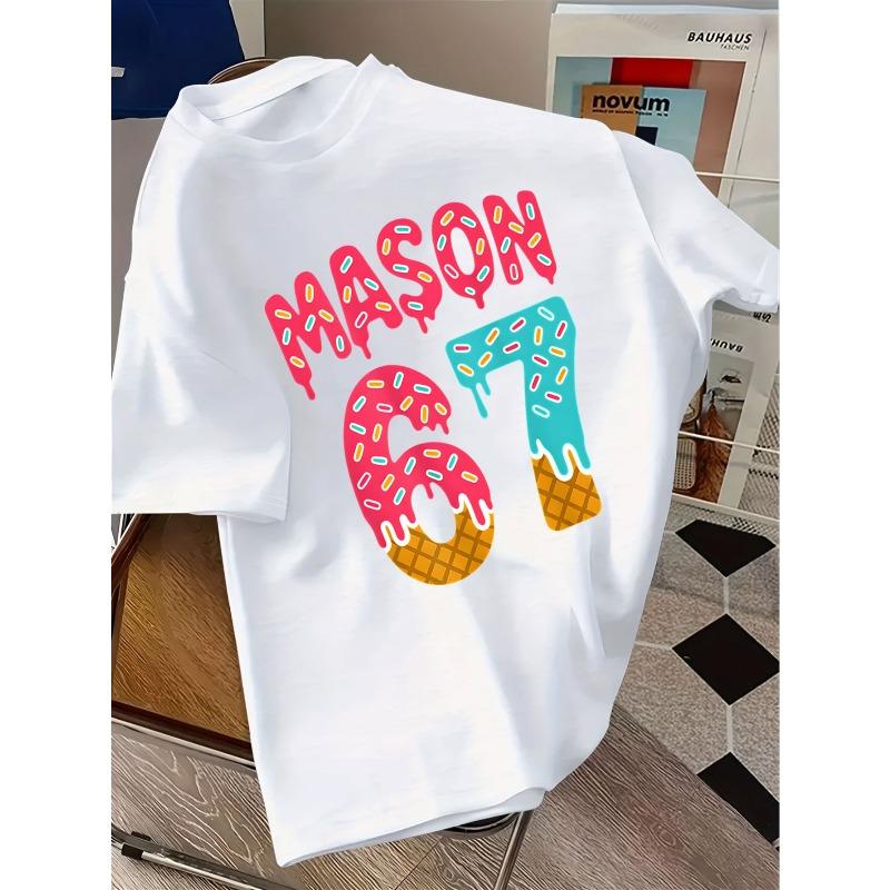 European sizes   MASON 67 Ice Cream Print T-Shirt - Short Sleeve Summer Birthday Party Outfit with Ice Cream & MASON Number Design 110