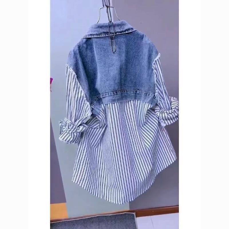 Women's Spring and Fall Design Lapel Shirt Cotton Denim Striped Top