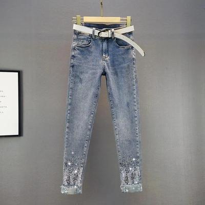 Pailletten-Diamantfüße-Jeans für Damen, Herbstkleidung, hohe Taille, schlanke, schlankmachende Bleistifthose mit neun Punkten