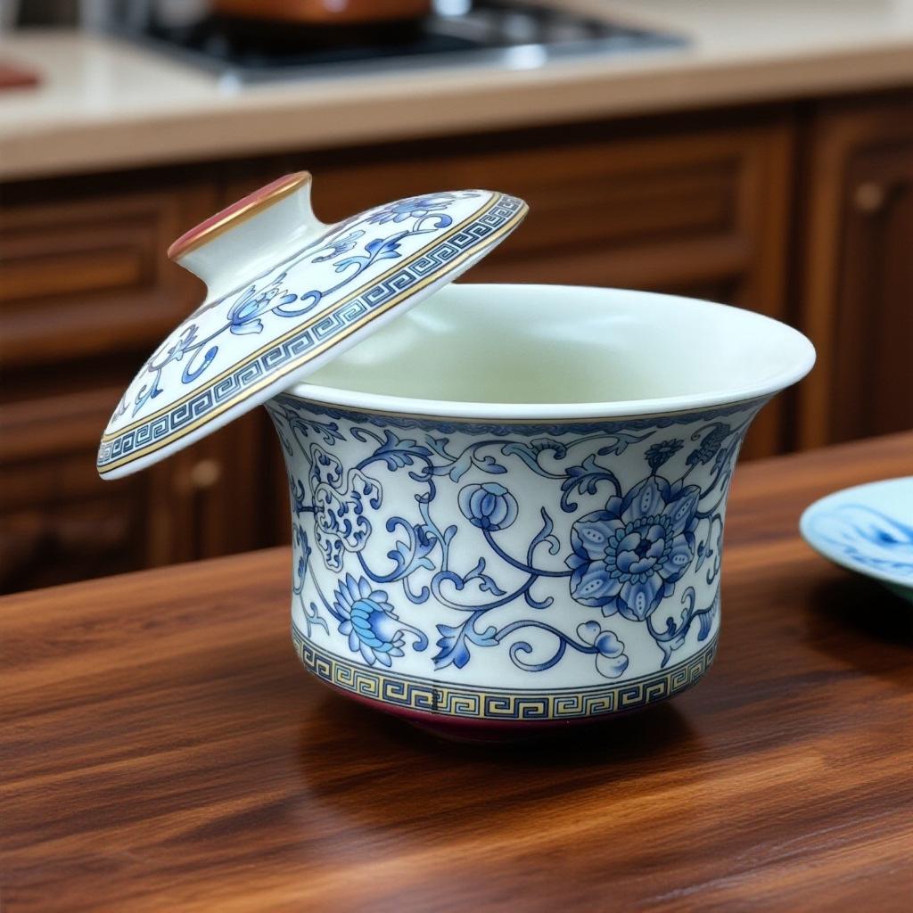 Blue and White Porcelain Lotus Kung Fu Tea Set: Enamel Teacup, Hovering Lid, Teapot, Saucer, and Master Cup.