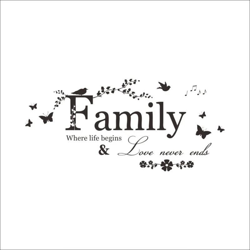 Familie Kjærlighet Never Ends Sitat Vinyl Veggklistremerke Veggdekor Bokstaver Kunst Ord Klistremerker Hjemmeinnredning Bryllupsdekorasjon Plakat