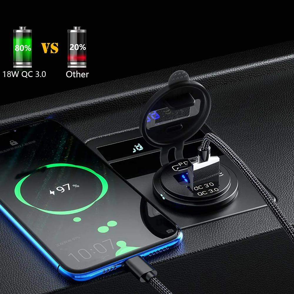 12V 48W USB Charger Outlet Waterproof Charger Socket PD Type C and QC3.0 USB Port USB Socket for Car Boat Marine Truck