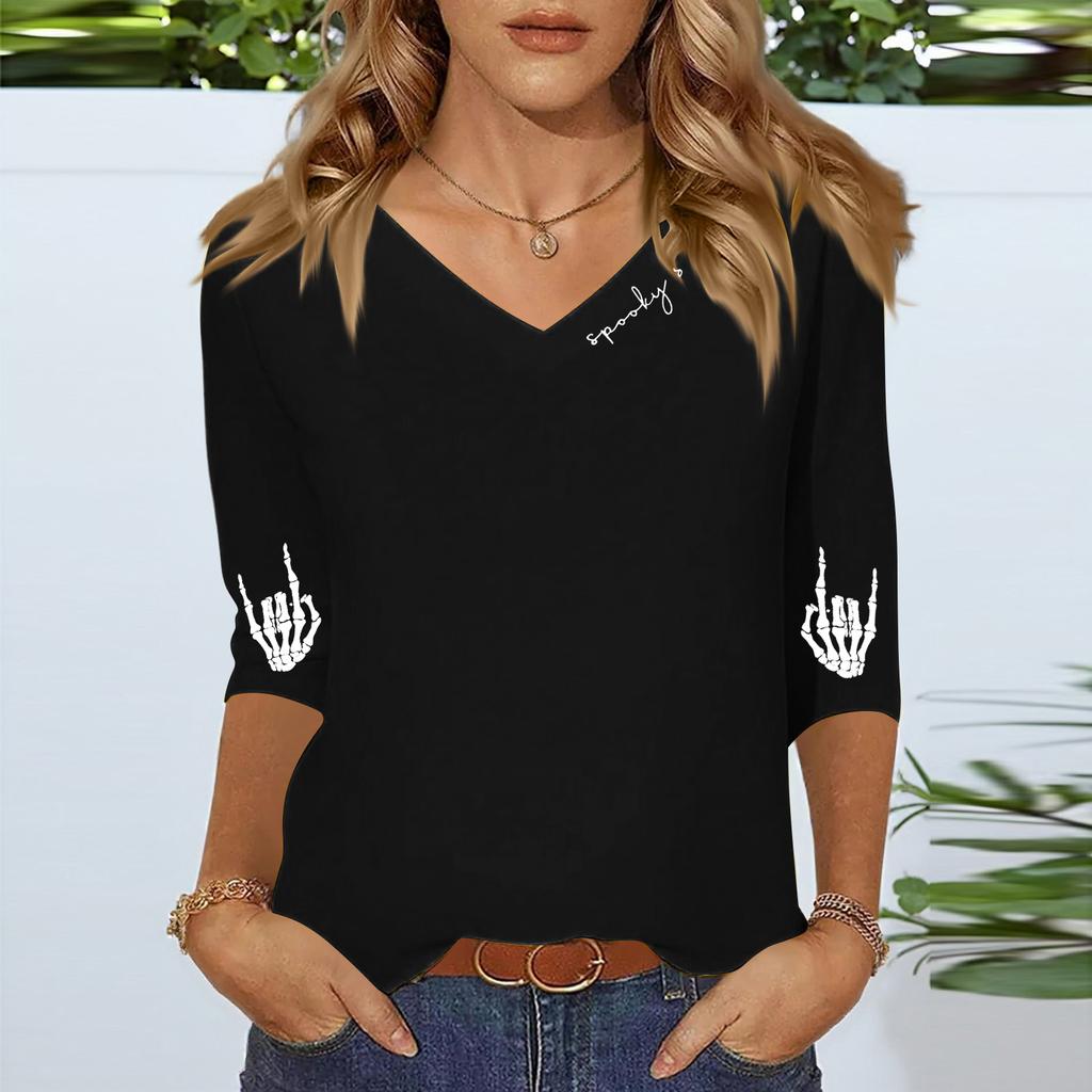 Women's Three-quarter Sleeve Shirt V-neck Loose Casual Spooky Scason Halloween Print Top