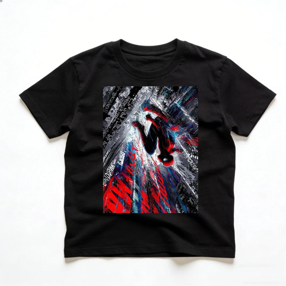 T-shirt Oversize a Maniche Corte Grigio Chiaro Lavato Vintage con Raffigurazione di Spider-Man: Across the Spider-Verse Miles Morales che cade attraverso la città Dinamico