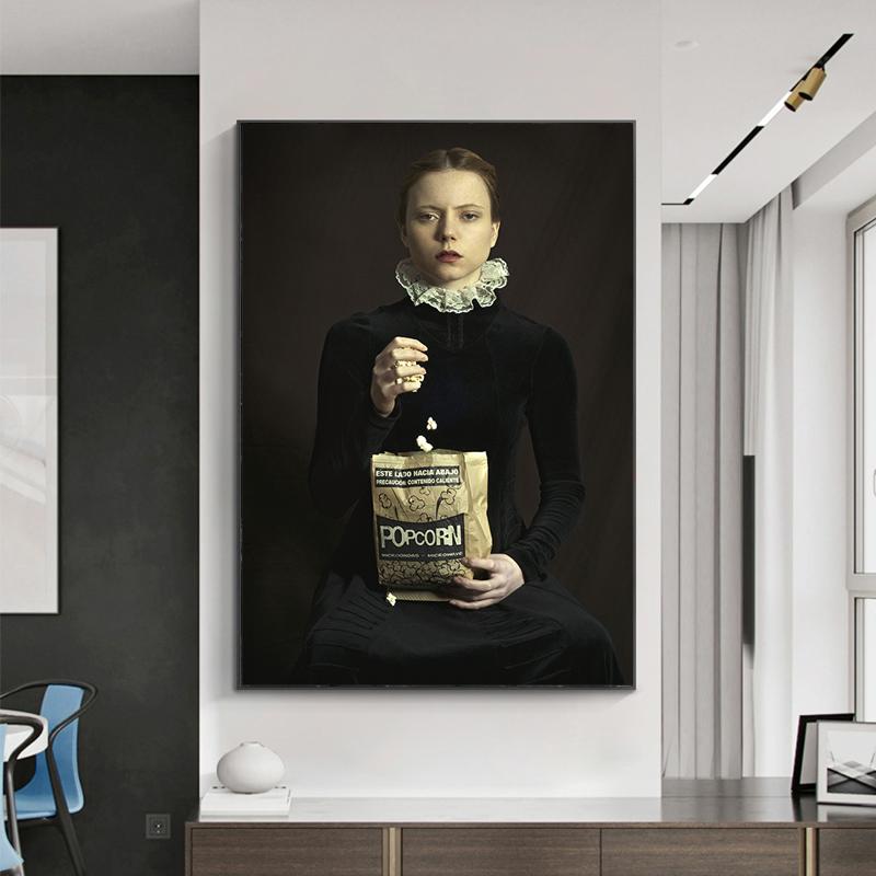 Europe French Style Popcorn Girl Posters and Prints Vintage Portrait Wall Art HD Pictures Canvas Painting Living Room Home Decor
