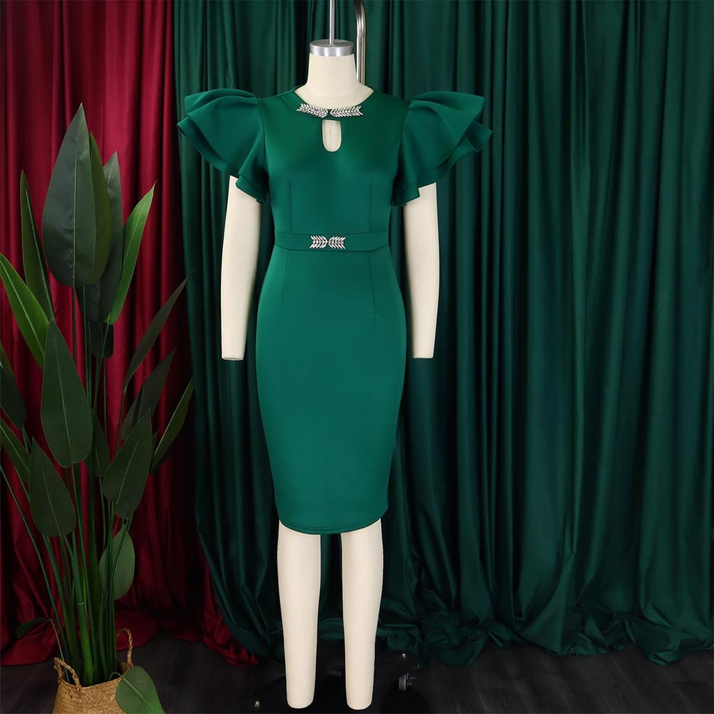 Women O Neck Dresses Ruffles Sleeve Diamond Plus Size Elegant Bodycon Package Hips Dress 2026