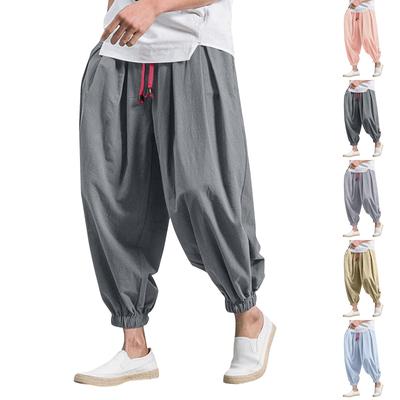 Men's Japanese Cotton Linen Cropped Pants Loose Wide-Legged Pants Plus Size Casual Pants