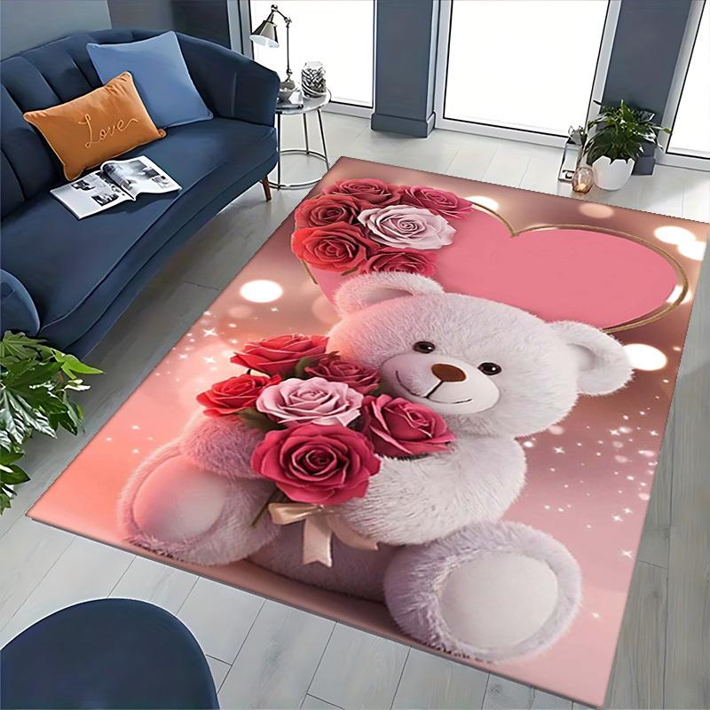 1pc Teddy Bear with Pink Roses Chair Mat - Anime Cartoon Design, Valentine's Day Gift, Non-Slip Carpet for Office Chair, Suitable for Home Decor, Livi