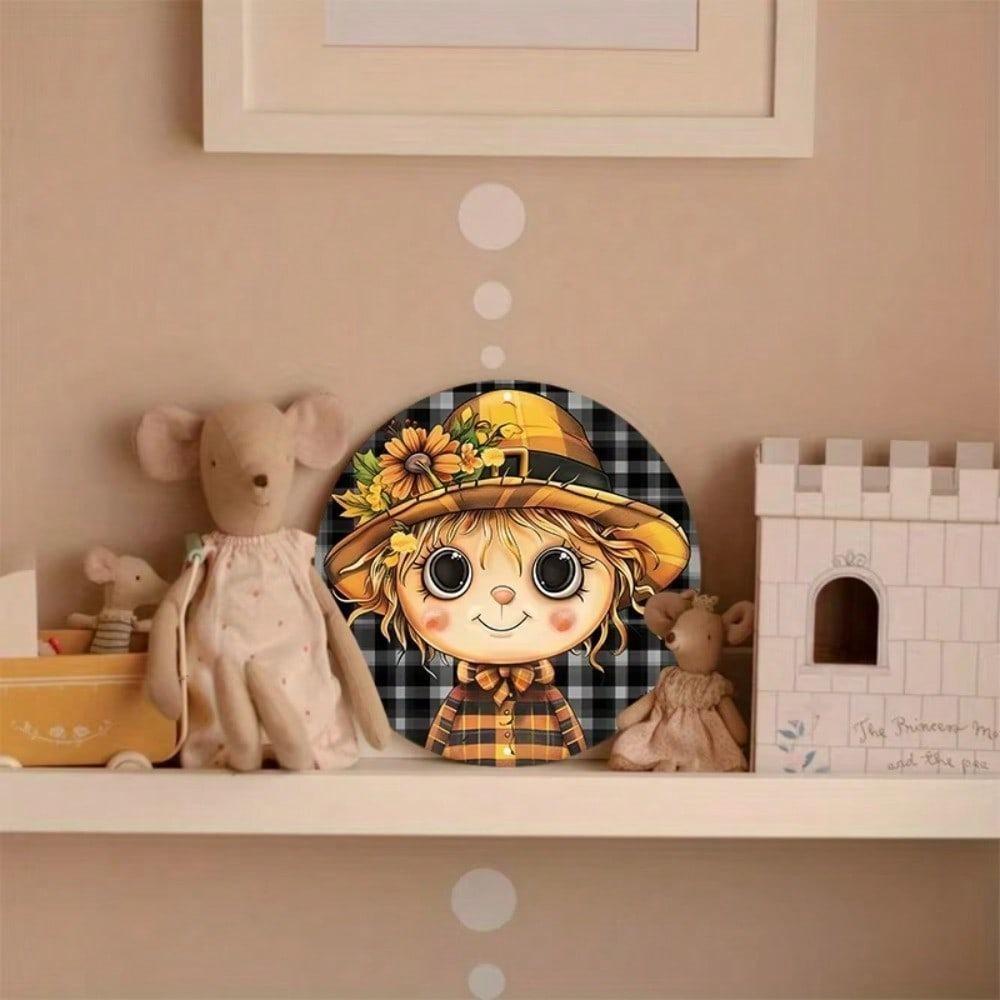 Metal Tin Sign Scarecrow Wall Art Weatherproof Door Decor Round Wreath 8 Inch HD Print