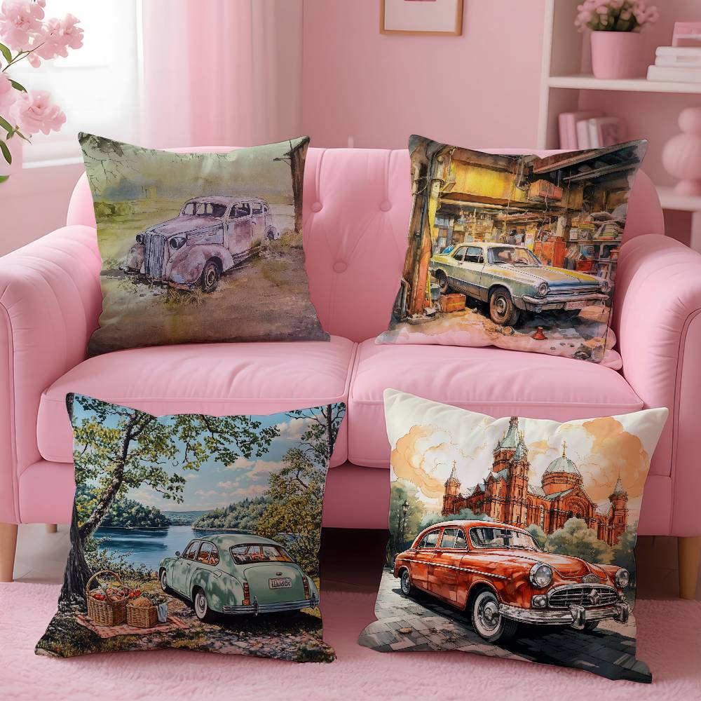 Aquarell Oldtimer Anime Kissenbezug Musterdruck Kissenbezug Wohnzimmer Sofakissenbezug Schlafzimmer Zimmerdekoration