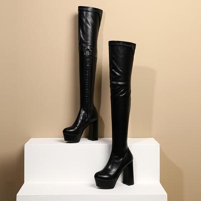 Women's High-heeled Boots Sexy Waterproof Platform Thick Heel Solid Color Autumn and Winter New Large-size Knee Boots