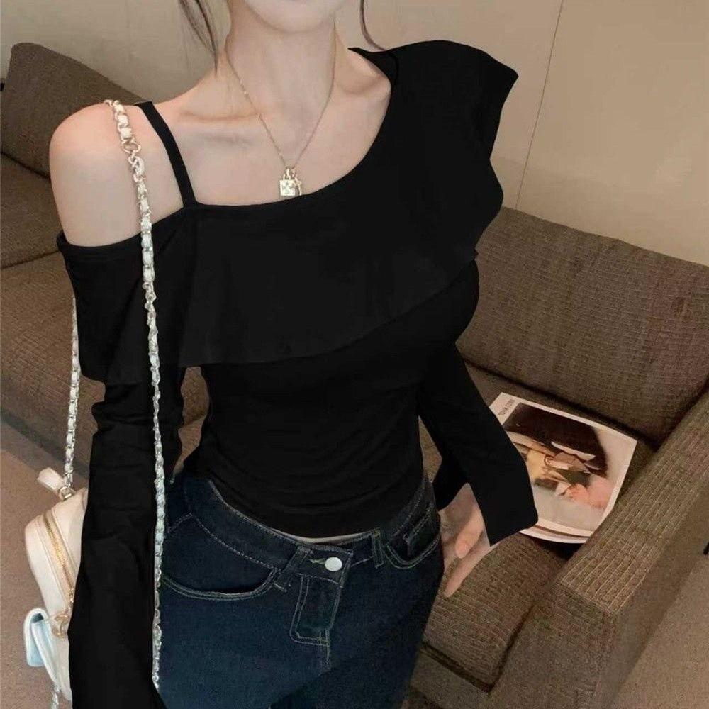 Ladies Off Shoulder T Shirt With Ruffle Hem And Asymmetric Design For Spring 2025