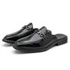 New Men's Black Brown Half Slippers Metal Button Patent Leather Shoes Male Casual Mules Moccasins Breathable Loafers