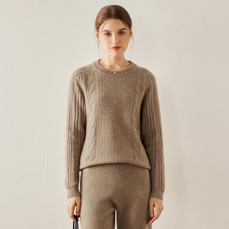 Women's Heavy Knit Cashmere Aran Sweater: Saddle Shoulder, Round Neck, Long Sleeve Pullover for Autumn/Winter, Solid Color, Casual & Versatile.