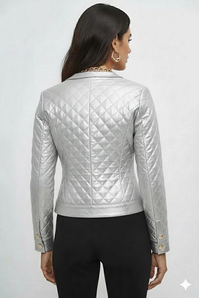 Silberne Handgefertigte Stilvolle Lässige Lammleder Weiche Echte Gesteppte Lederjacke für Damen