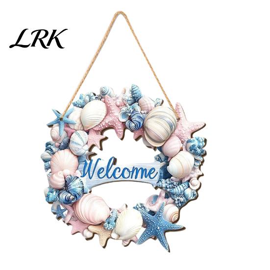 Decorative Shell Starfish Sign Summer Coastal Wooden Wreath, Ocean Welcome Sign, Nautical Easy to Hang Door Decor Front Hanger for Porch, Indoor,