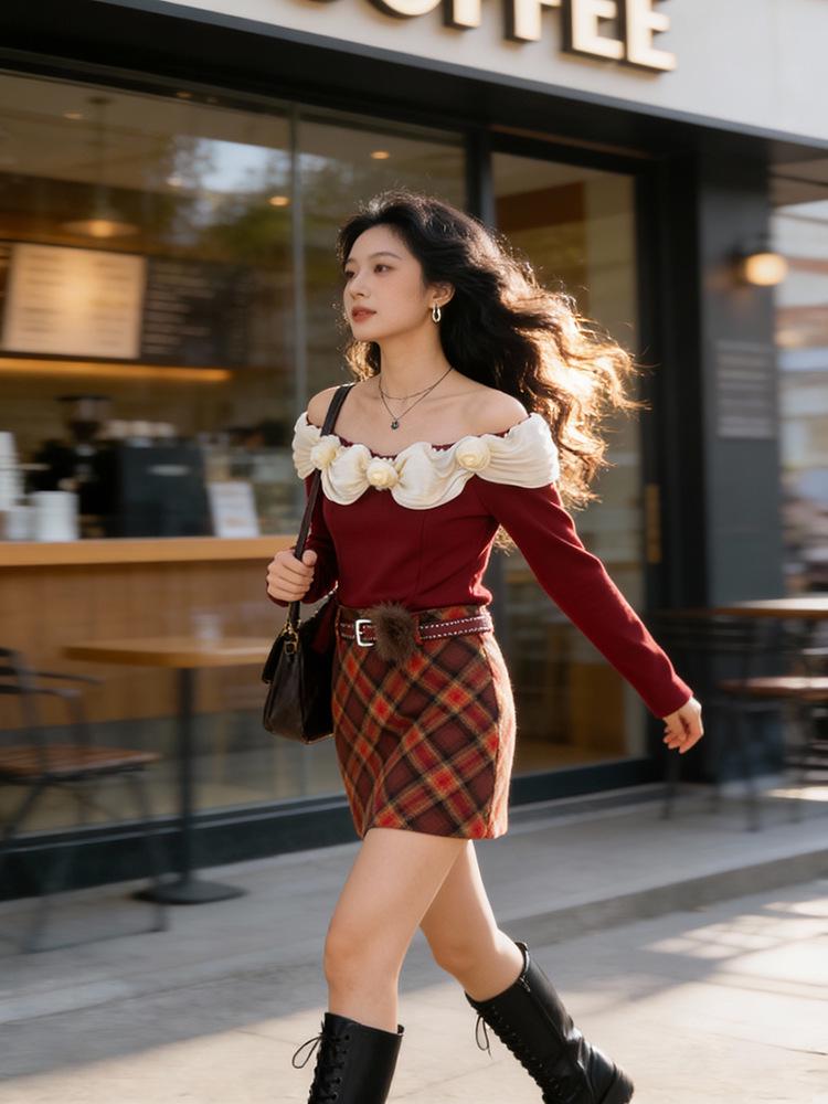 Fei Yuan Plaid Belted Red Skirt - Festive Autumn/Winter Style