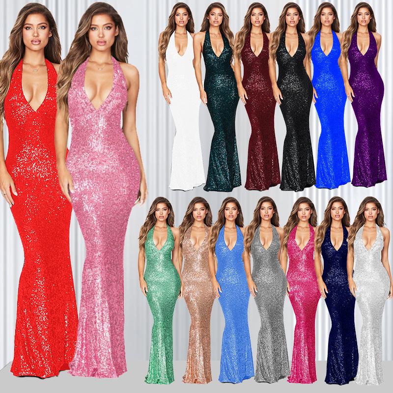 Women's Haute Couture Deep V Halter Halter Gown Dress Long Sequin Fishtail Dress