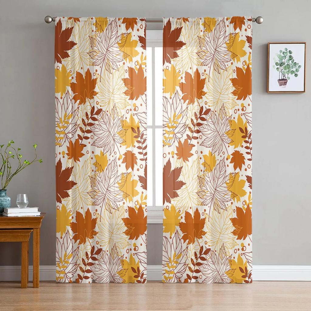Jesienne Zasłony Tiulowe z Teksturą Liścia Klonu do Salonu Przezroczysta Zasłona do Sypialni Rolety Świąteczne Zasłony Woalowe