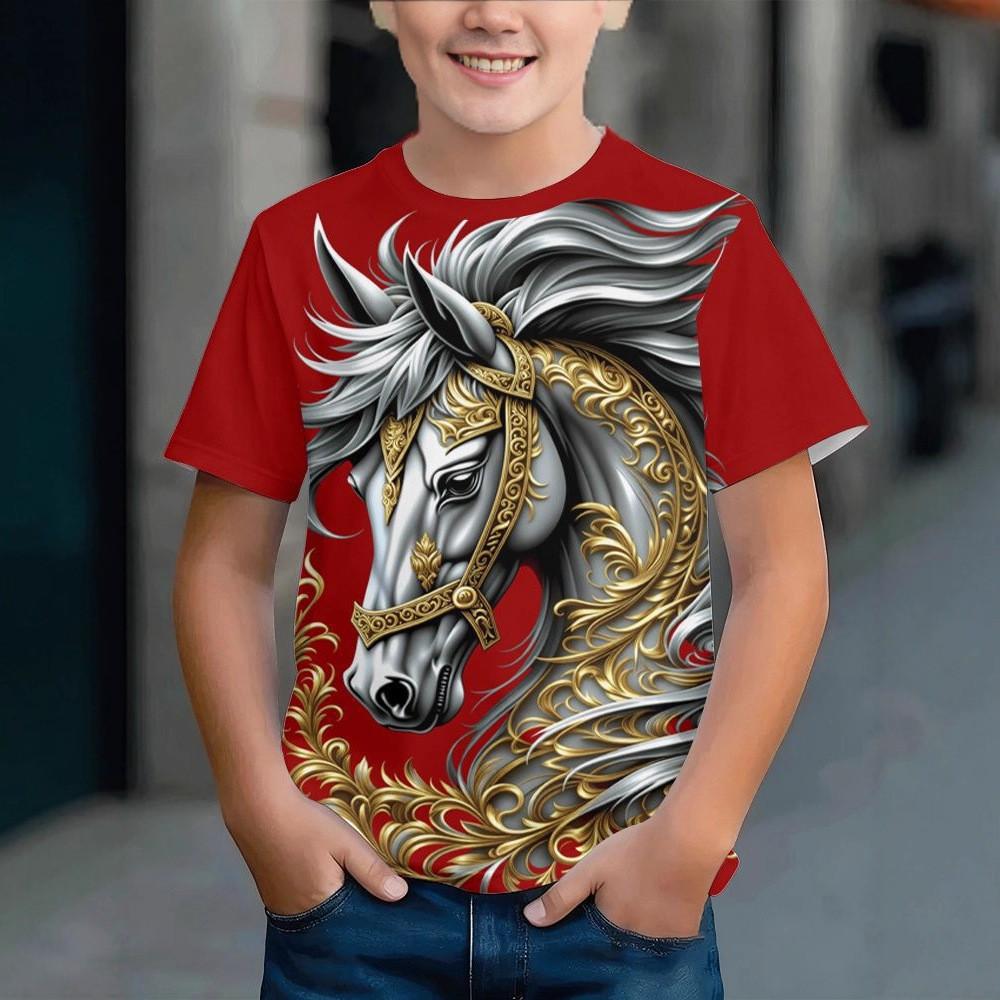 Children's T-shirt 3d Horse Year Printed Round Neck Short Sleeve Upper