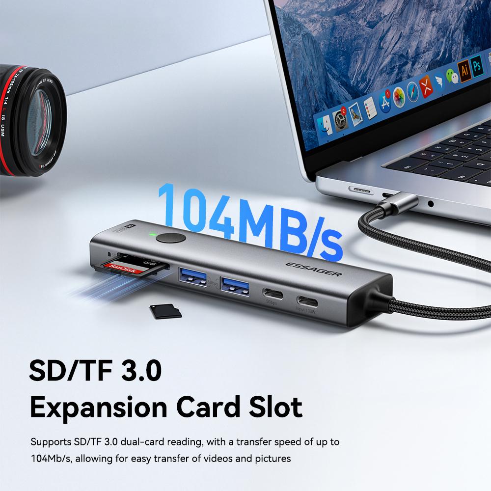 ESSAGER 7 In 1 Expansion Hub with 4K 30Hz HDMI/Type C/USB 3.0/SD TF Card Slot Docking Station