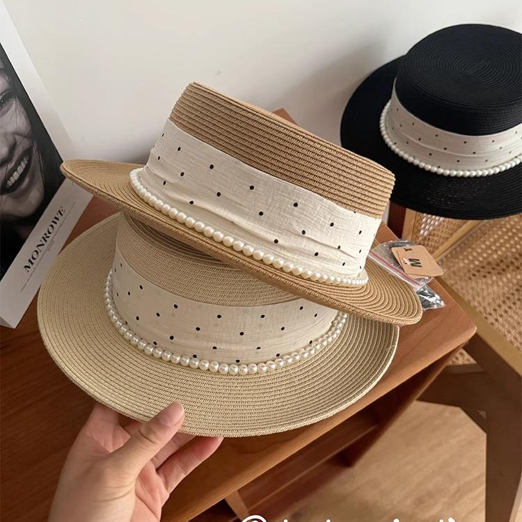 Flat top straw hat women's summer seaside vacation polka dot sun hat pastoral literary and retro top hat