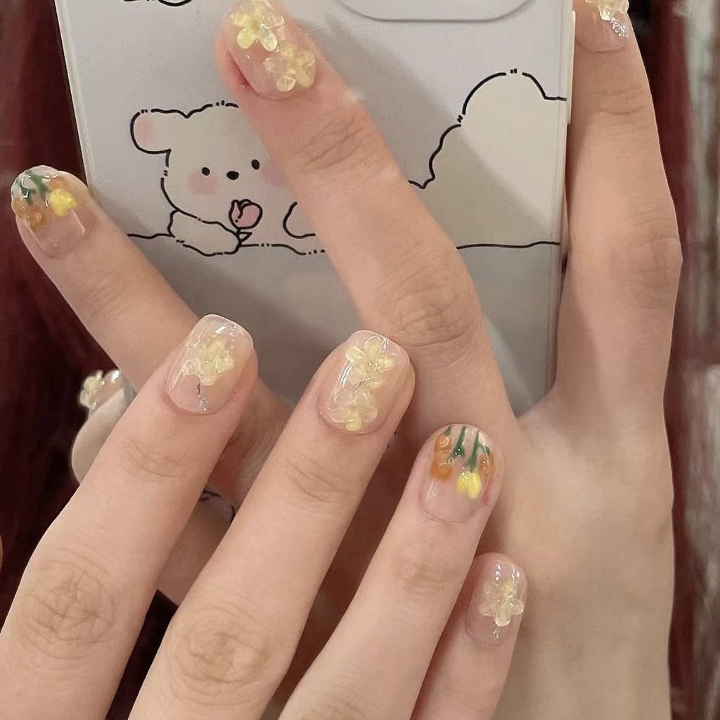 Ice Transparent Short Nude Flower Cute Milk Yellow Fresh Wearable Nail Sticker